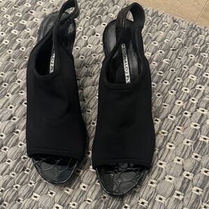 Donald J. Pliner Black Slingback Peep-Toe Croc-Accent Heels